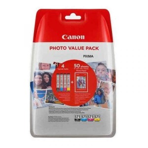 Pack 4 Tinteiros Originais Canon CLI571XL - 50 Folhas de Papel Fotográfico - 0332C005