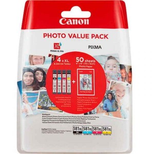 Pack 4 Tinteiros Originais Canon CLI581XL  - 50 Folhas de Papel Fotográfico - 2052C004