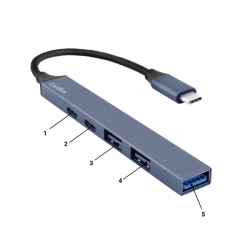 CoolBox Hub 5 em 1 miniDOCK5 USB-C - 1x USB-C PD2.0, 1x USB-C, 1x USB-A 3.2 Gen1, 2x USB-A 2.0 - Cor Cinza