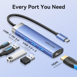 Hub USB-C 5 em 1 Vention T6E - Velocidade de transferência de 5 Gbps - Suporte a tela 4K - Carregamento rápido de 100 W - Azul